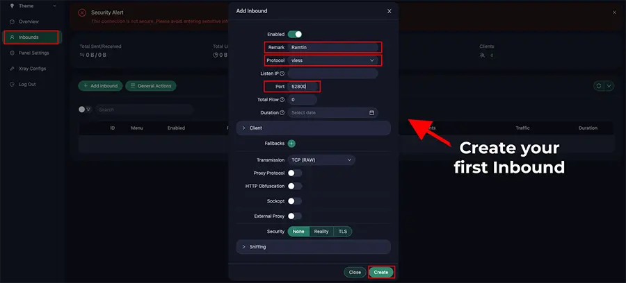 create first inbound v2ray 3xui
